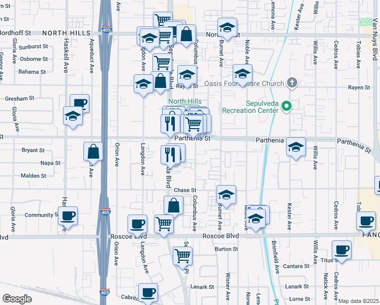 map of restaurants, bars, coffee shops, grocery stores, and more near 8633 Columbus Avenue in Los Angeles