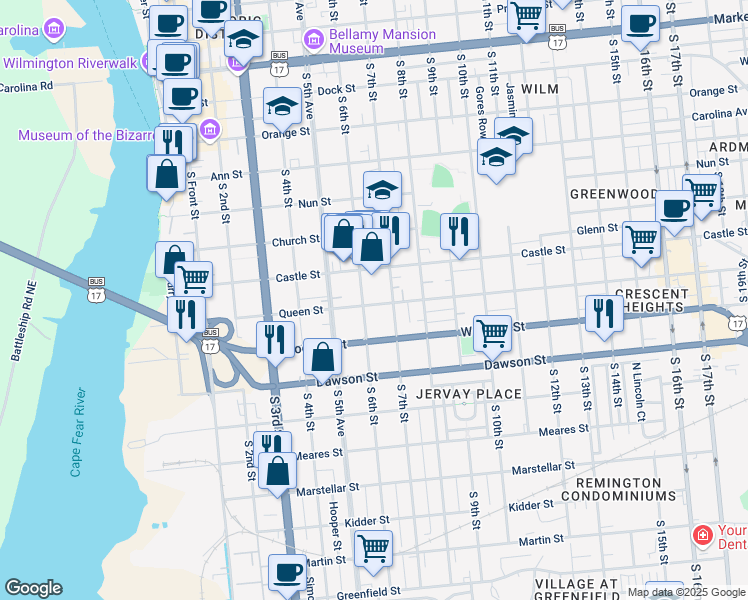 map of restaurants, bars, coffee shops, grocery stores, and more near 607 Queen Street in Wilmington
