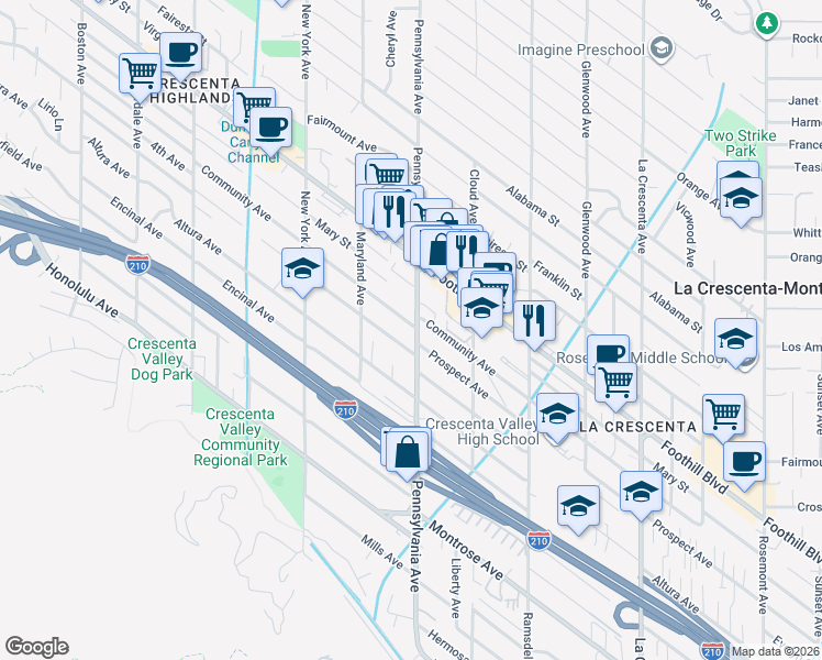 map of restaurants, bars, coffee shops, grocery stores, and more near 4357 Pennsylvania Avenue in Glendale