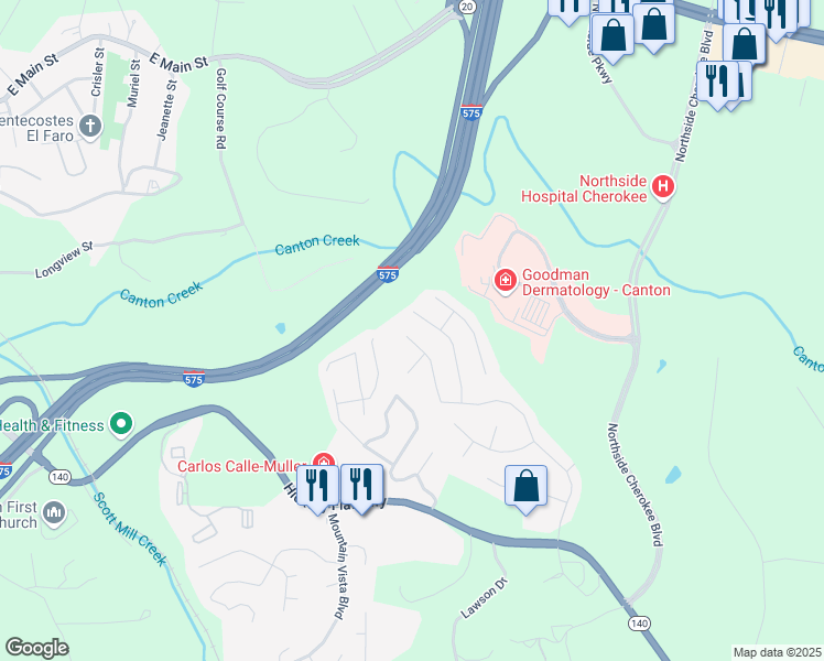 map of restaurants, bars, coffee shops, grocery stores, and more near 3794 Cherokee Overlook Drive in Canton