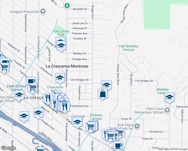 map of restaurants, bars, coffee shops, grocery stores, and more near 4916 Briggs Avenue in La Crescenta-Montrose