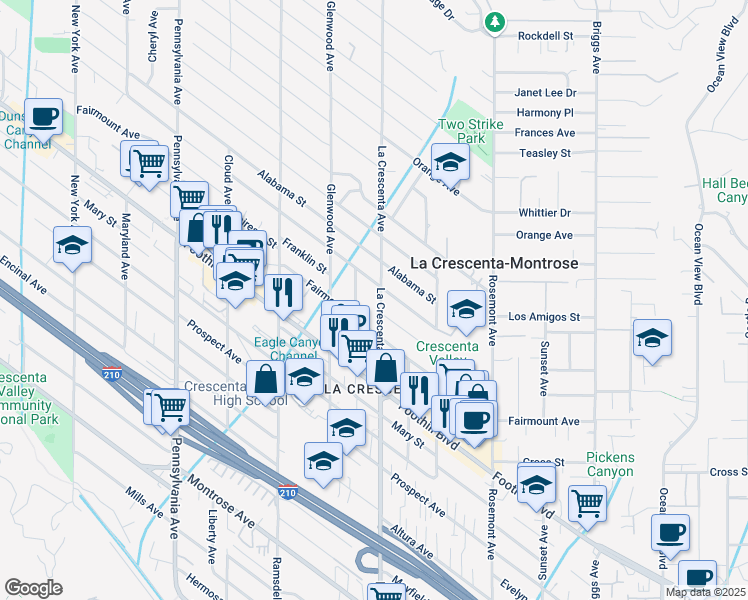map of restaurants, bars, coffee shops, grocery stores, and more near 4639 La Crescenta Avenue in La Crescenta-Montrose