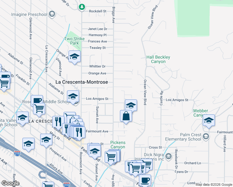 map of restaurants, bars, coffee shops, grocery stores, and more near 4916 Briggs Avenue in La Crescenta-Montrose