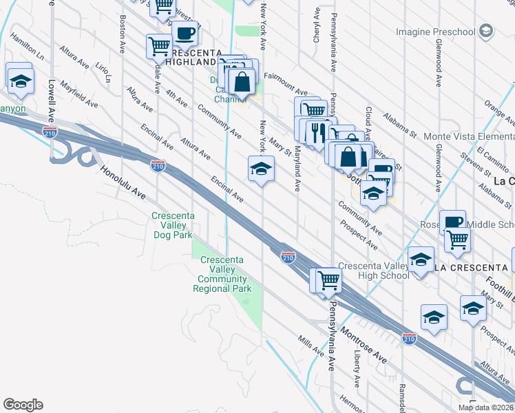 map of restaurants, bars, coffee shops, grocery stores, and more near 3418 Encinal Avenue in Glendale