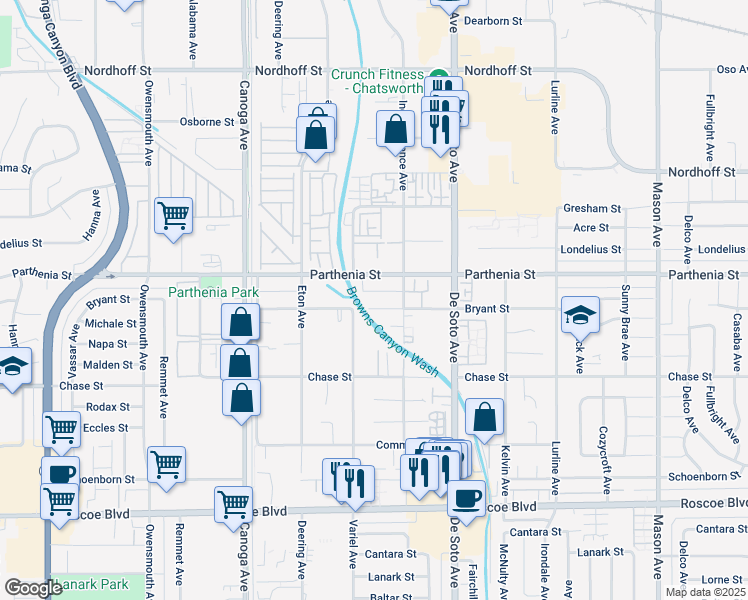 map of restaurants, bars, coffee shops, grocery stores, and more near 21019 Bryant Street in Los Angeles