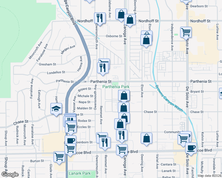 map of restaurants, bars, coffee shops, grocery stores, and more near 8600 International Avenue in Los Angeles