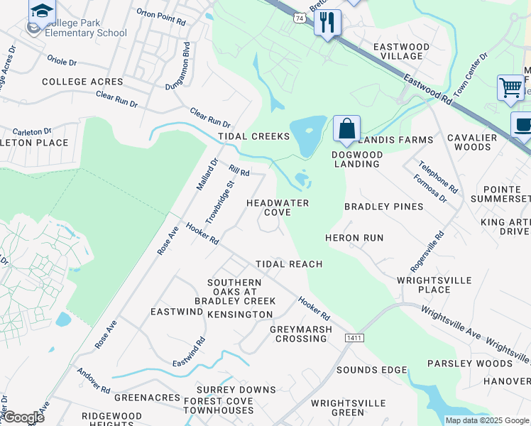 map of restaurants, bars, coffee shops, grocery stores, and more near 1072 Headwater Cove Lane in Wilmington