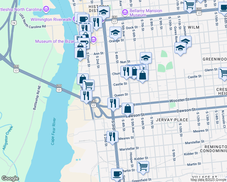 map of restaurants, bars, coffee shops, grocery stores, and more near 613 South 3rd Street in Wilmington