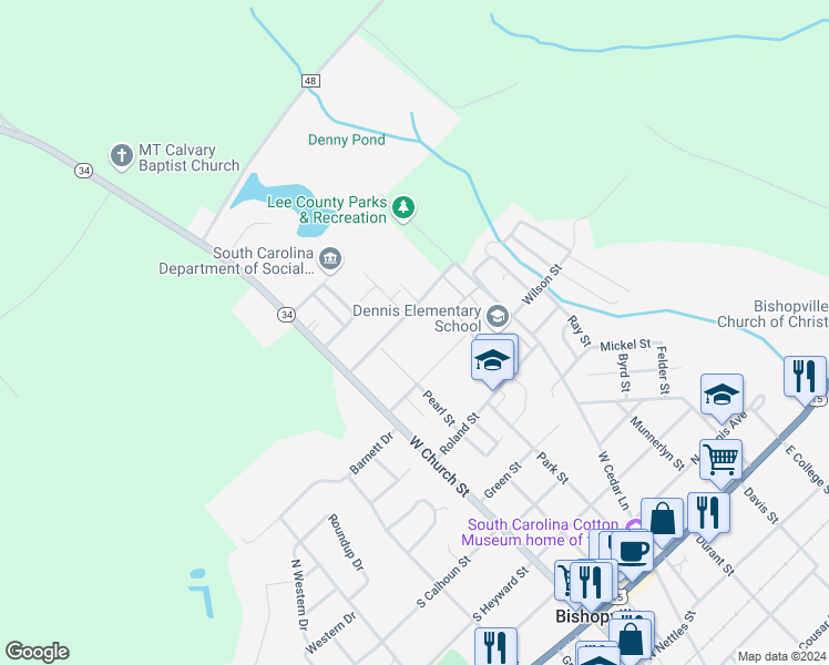 map of restaurants, bars, coffee shops, grocery stores, and more near 214 Chappell Drive in Bishopville