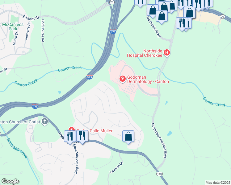 map of restaurants, bars, coffee shops, grocery stores, and more near 825 Overlook Trail in Canton
