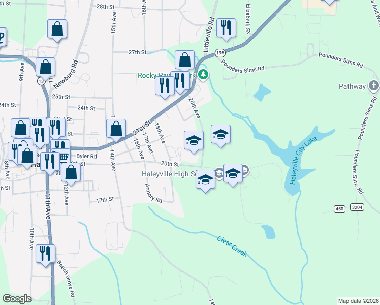 map of restaurants, bars, coffee shops, grocery stores, and more near 20th Avenue in Haleyville
