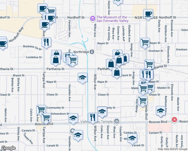 map of restaurants, bars, coffee shops, grocery stores, and more near 8631 Wilbur Avenue in Los Angeles