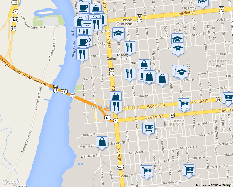 map of restaurants, bars, coffee shops, grocery stores, and more near 613 South 3rd Street in Wilmington