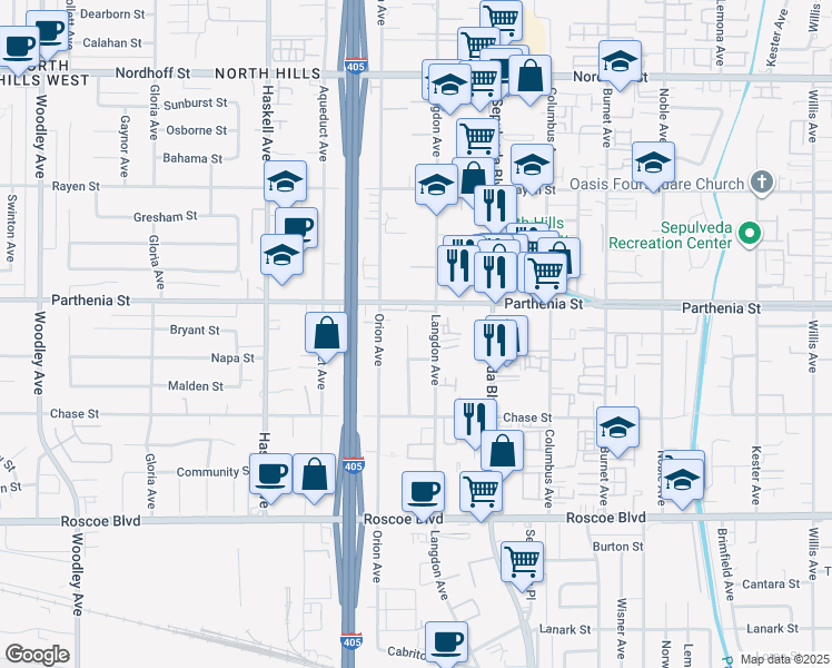 map of restaurants, bars, coffee shops, grocery stores, and more near 8626 Marklein Avenue in Los Angeles