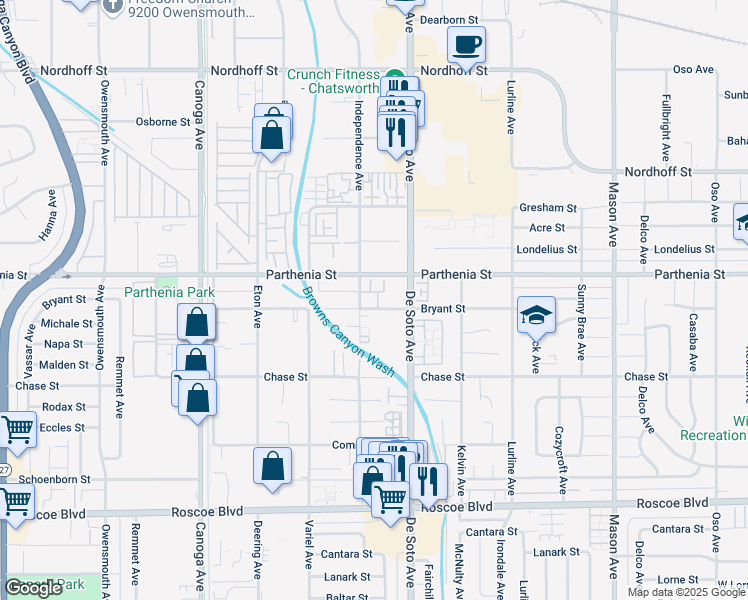 map of restaurants, bars, coffee shops, grocery stores, and more near 20947 Bryant Street in Los Angeles