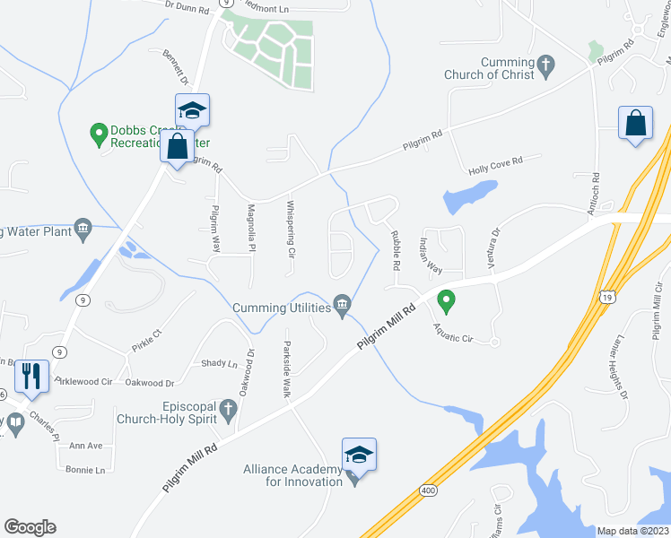 map of restaurants, bars, coffee shops, grocery stores, and more near 1521 Brookmere Way in Cumming