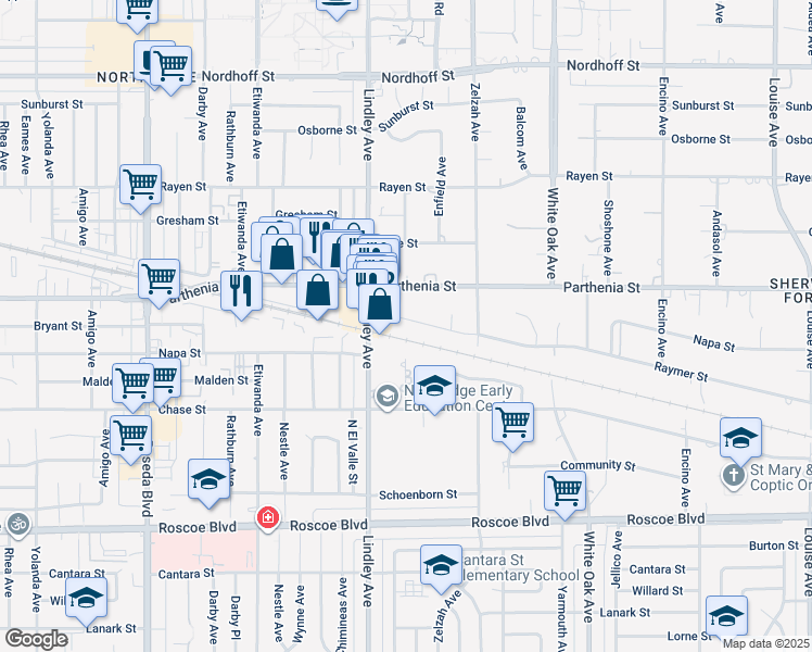 map of restaurants, bars, coffee shops, grocery stores, and more near 18022 Raymer Street in Los Angeles
