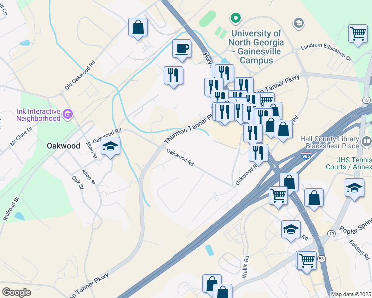 map of restaurants, bars, coffee shops, grocery stores, and more near 4405 Oakwood Road in Oakwood