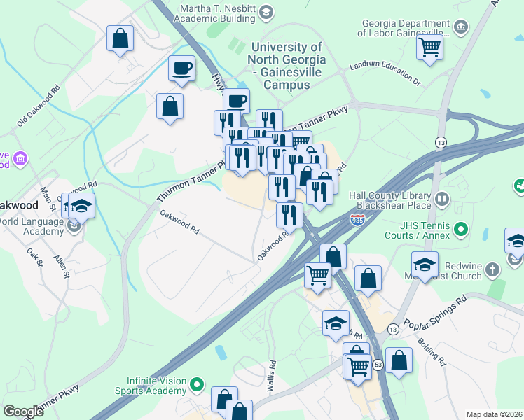 map of restaurants, bars, coffee shops, grocery stores, and more near 104 Lanier Mill Circle in Oakwood