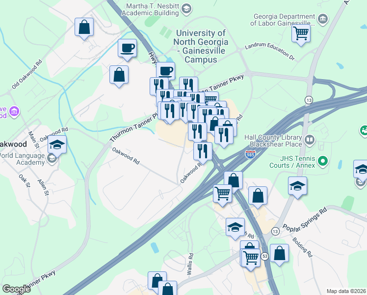 map of restaurants, bars, coffee shops, grocery stores, and more near 105 Lanier Mill Circle in Oakwood