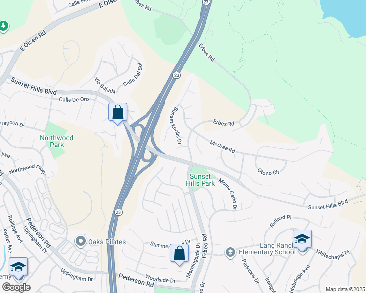 map of restaurants, bars, coffee shops, grocery stores, and more near Sunshine Court in Thousand Oaks