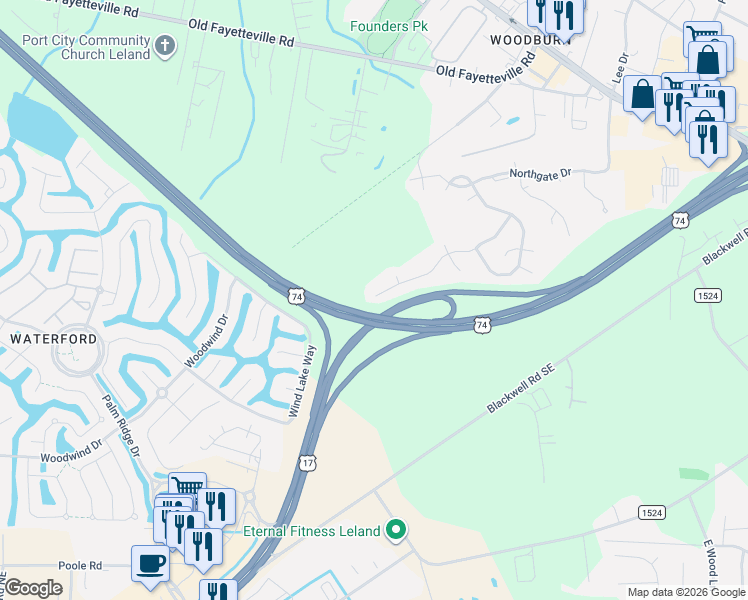 map of restaurants, bars, coffee shops, grocery stores, and more near 2357 Cottagefield Lane in Leland