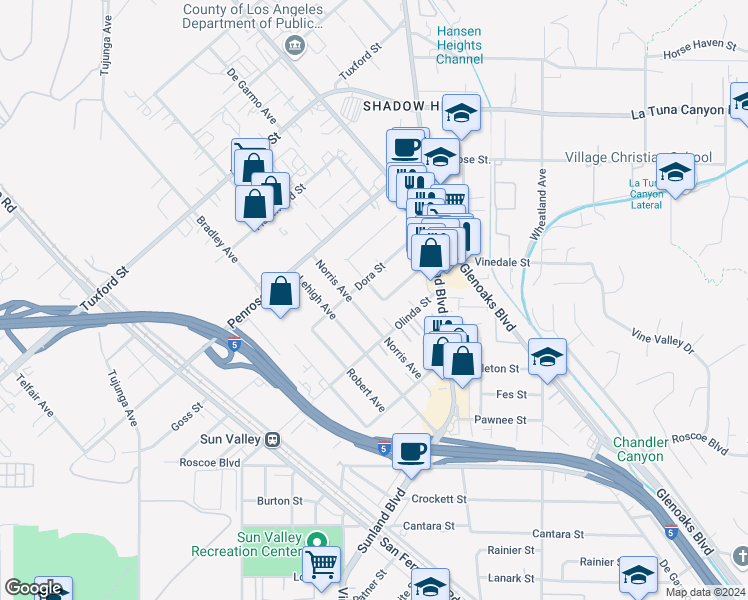 map of restaurants, bars, coffee shops, grocery stores, and more near 8673 Herrick Avenue in Los Angeles