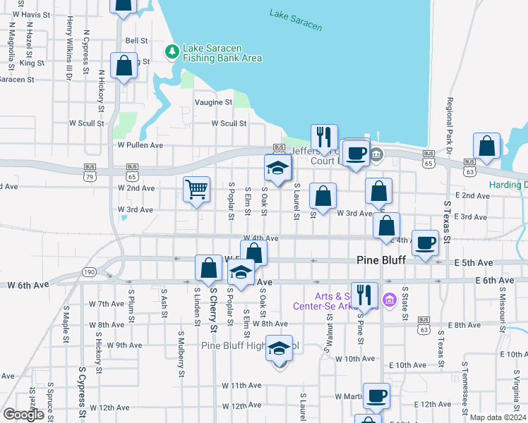 map of restaurants, bars, coffee shops, grocery stores, and more near W 3rd Ave & S Oak St in Pine Bluff