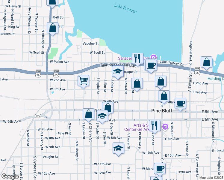 map of restaurants, bars, coffee shops, grocery stores, and more near W 3rd Ave & S Oak St in Pine Bluff
