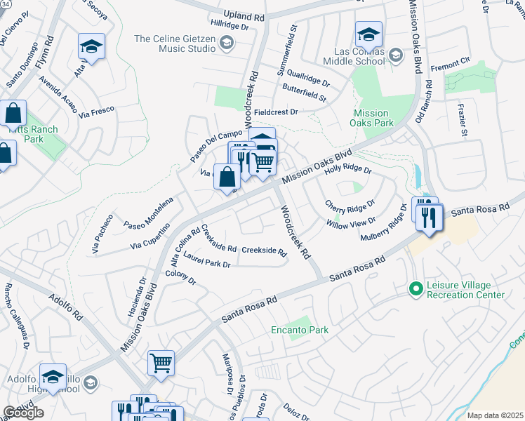 map of restaurants, bars, coffee shops, grocery stores, and more near 5321 San Francesca Drive in Camarillo