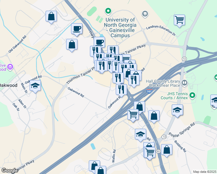 map of restaurants, bars, coffee shops, grocery stores, and more near 209 Lanier Mill Circle in Oakwood