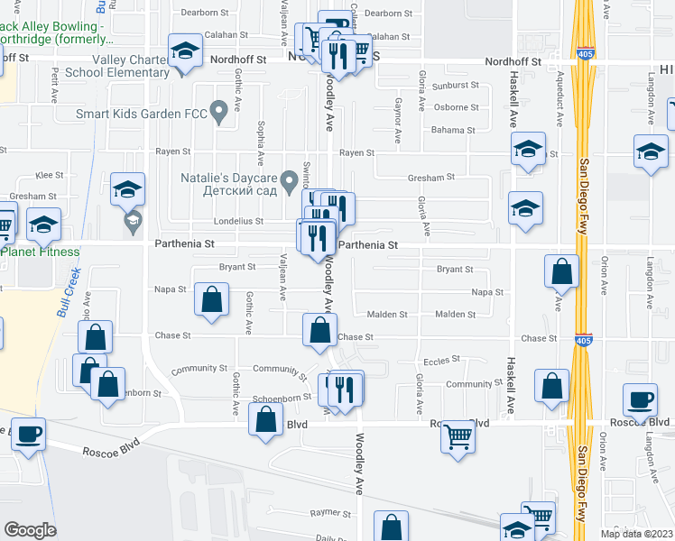 map of restaurants, bars, coffee shops, grocery stores, and more near 8614 Woodley Avenue in North Hills