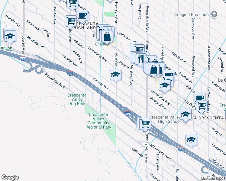 map of restaurants, bars, coffee shops, grocery stores, and more near 3417 Encinal Avenue in Glendale