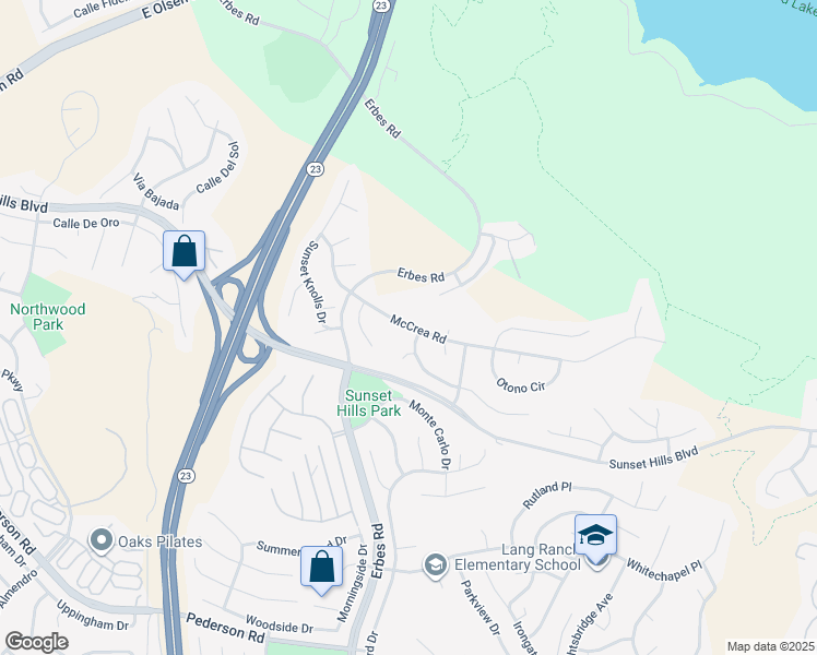 map of restaurants, bars, coffee shops, grocery stores, and more near 2096 McCrea Road in Thousand Oaks