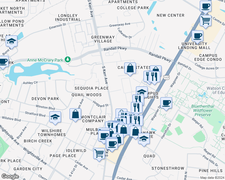 map of restaurants, bars, coffee shops, grocery stores, and more near 4533 Kimberly Way in Wilmington
