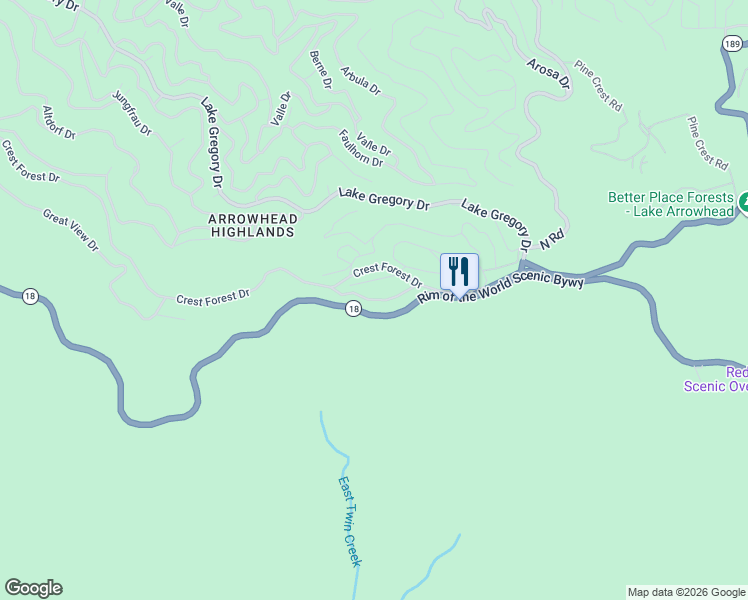 map of restaurants, bars, coffee shops, grocery stores, and more near Ocean View Drive in Crestline