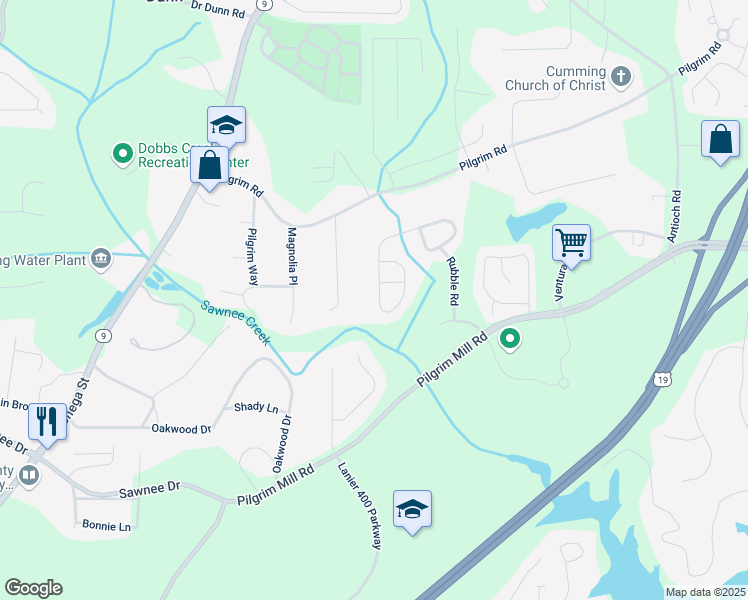 map of restaurants, bars, coffee shops, grocery stores, and more near 1520 Brookmere Way in Cumming