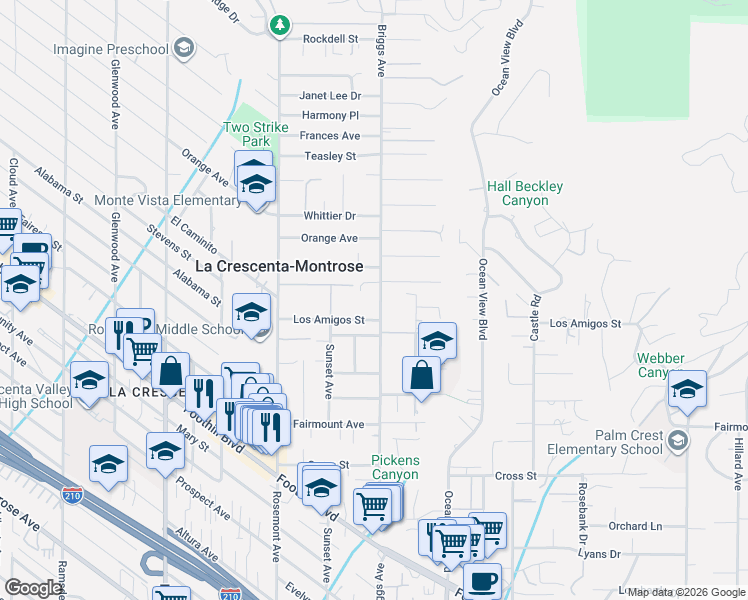 map of restaurants, bars, coffee shops, grocery stores, and more near 2419 Los Amigos Street in La Crescenta-Montrose