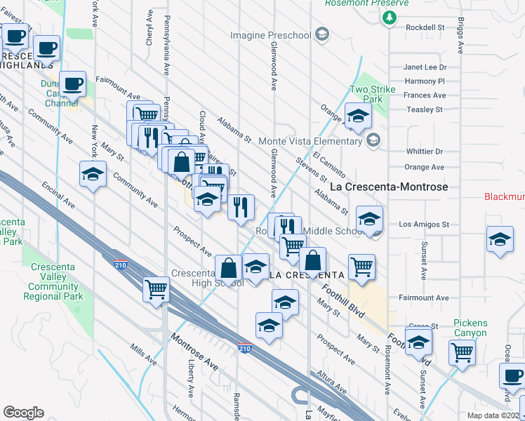 map of restaurants, bars, coffee shops, grocery stores, and more near 2943 Foothill Boulevard in La Crescenta-Montrose