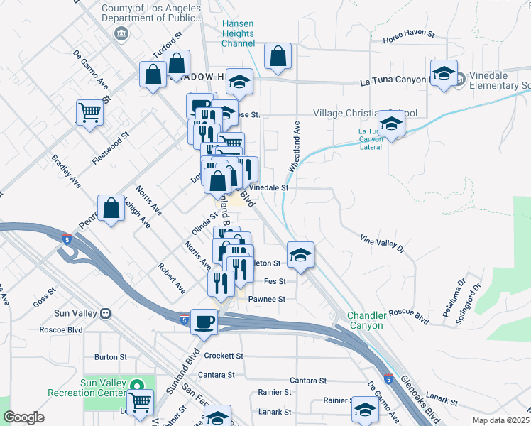 map of restaurants, bars, coffee shops, grocery stores, and more near 8600 Glenoaks Boulevard in Los Angeles