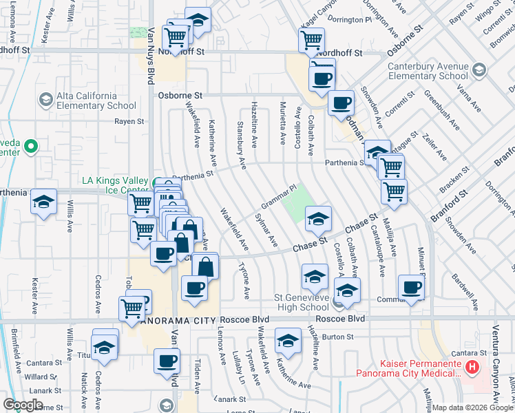 map of restaurants, bars, coffee shops, grocery stores, and more near 14245 Grammar Place in Los Angeles