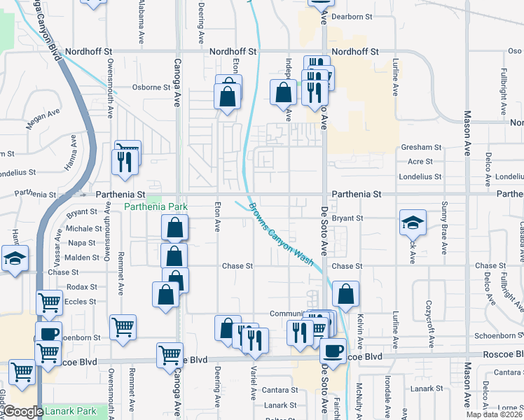 map of restaurants, bars, coffee shops, grocery stores, and more near 21103 Bryant Street in Los Angeles