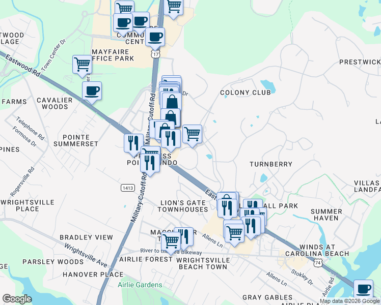 map of restaurants, bars, coffee shops, grocery stores, and more near 1707 Fontenay Place in Wilmington
