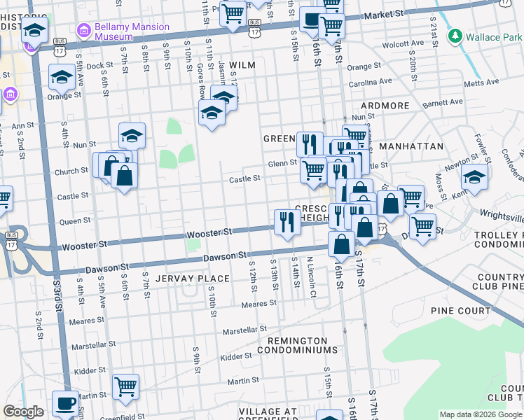 map of restaurants, bars, coffee shops, grocery stores, and more near 735 South 12th Street in Wilmington