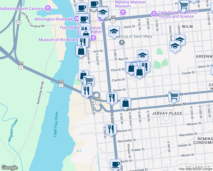 map of restaurants, bars, coffee shops, grocery stores, and more near 617 South 2nd Street in Wilmington