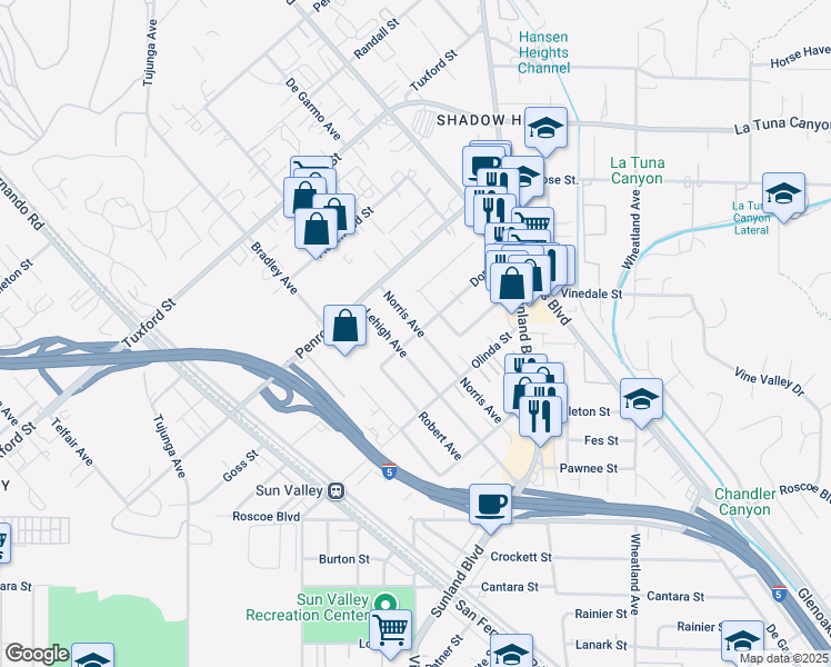 map of restaurants, bars, coffee shops, grocery stores, and more near Dora Street in Los Angeles