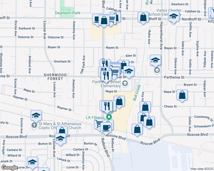 map of restaurants, bars, coffee shops, grocery stores, and more near 16901 Napa Street in Los Angeles