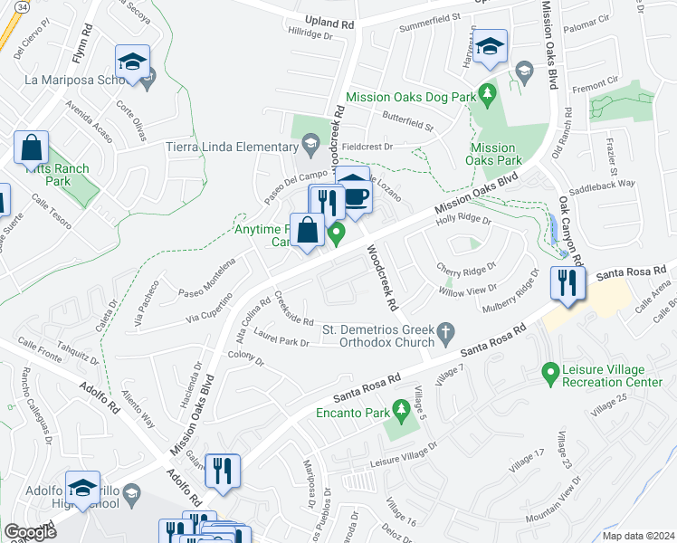 map of restaurants, bars, coffee shops, grocery stores, and more near 5258 Paseo Ricoso in Camarillo