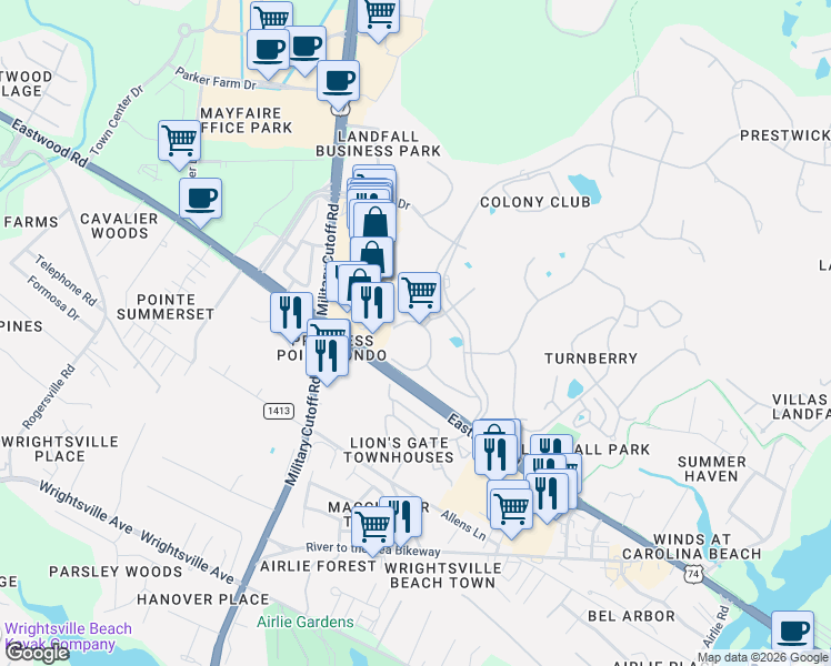 map of restaurants, bars, coffee shops, grocery stores, and more near 1707 Fontenay Place in Wilmington