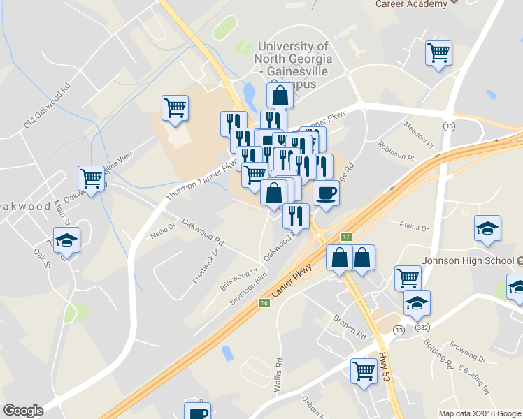 map of restaurants, bars, coffee shops, grocery stores, and more near 311 Lanier Mill Circle in Oakwood